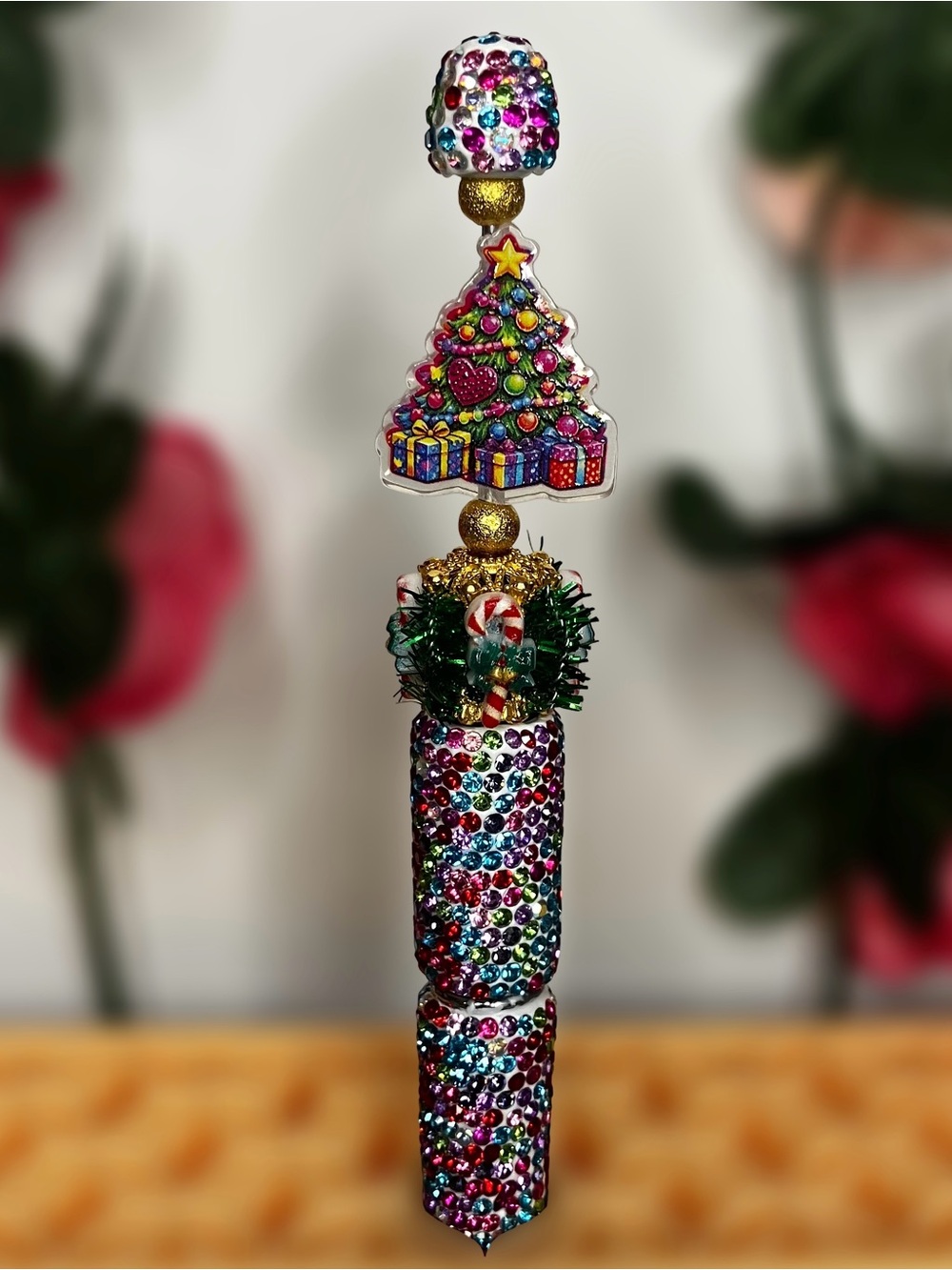 Colorful Rhinestone Beaded Pen with Christmas Tree & Candy Cane Tinsel Beads